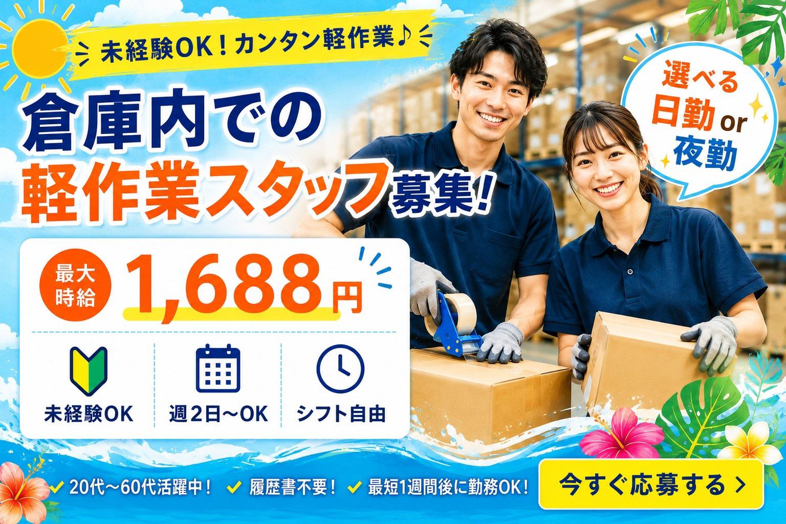 未経験OKの軽作業スタッフ（日夜勤）株式会社ワールドスタッフィングAmazon名古屋みなと/51626_55557-00の女性バイト求人情報